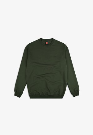 Zelená mikina s kulatým výstřihem vyrobená z bavlny, s žebrovanými manžetami a lemem, měkkou texturou a malou výšivkou loga na hrudi.