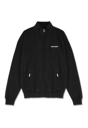 Black fleece jacket with high collar, front zip, and two side pockets. Features white "PEGADOR" logo on the left chest. Soft texture.