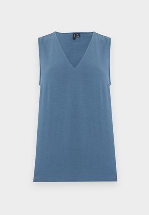 Mouwloos blauw gebreid topje met V-hals, rechte zoom en een gladde textuur, weergegeven op een effen witte achtergrond.