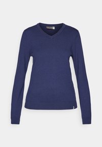 Pull-over marin en V, à manches longues, fabriqué en tricot doux, avec des bords côtelés aux poignets et à l'ourlet, et un petit logo sur le côté.