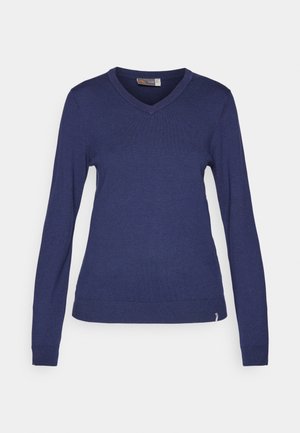 Námornícky modrý pulóver s výstrihom do V a dlhým rukávom, vyrobený z mäkkej pleteniny, s rebrovanými manžetami a dolným okrajom, s malým logom na boku.