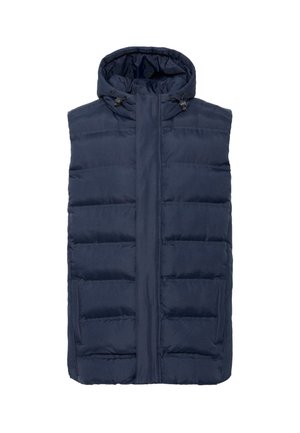 Gilet matelassé bleu marine avec un col haut et une capuche ajustable à cordon. Comprend deux poches latérales et une fermeture éclair à l'avant. Texture de tissu douce.