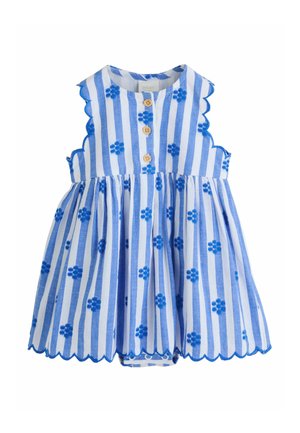 Blau-weiß gestreiftes Babykleid mit gewellten Kanten, bestickten blauen Blumen und drei Holzknöpfen an der Vorderseite.