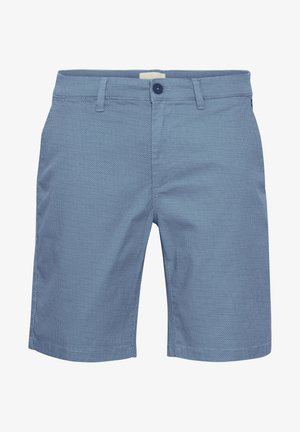 Blå mønstrede shorts lavet af tekstureret stof, med knaplukning og bæltestropper. Designet inkluderer to sidelommer.