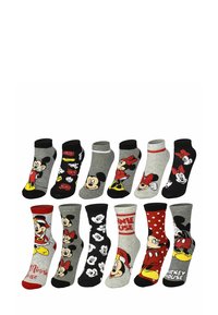 Set di calzini in cotone con vari design di Topolino e Minni. I colori includono grigio, nero, rosso e bianco con grafiche da cartone animato.