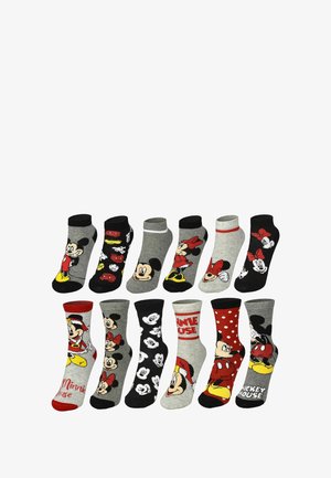 Set aus Baumwollsocken mit verschiedenen Designs von Mickey und Minnie Mouse. Die Farben umfassen grau, schwarz, rot und weiß mit Comicgrafiken.