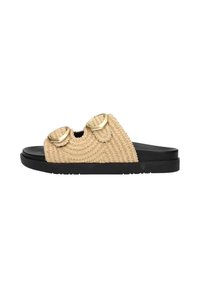 Woven straw slide sandals in beige with two circular gold accents, featuring a black rubber sole and open-toe design.