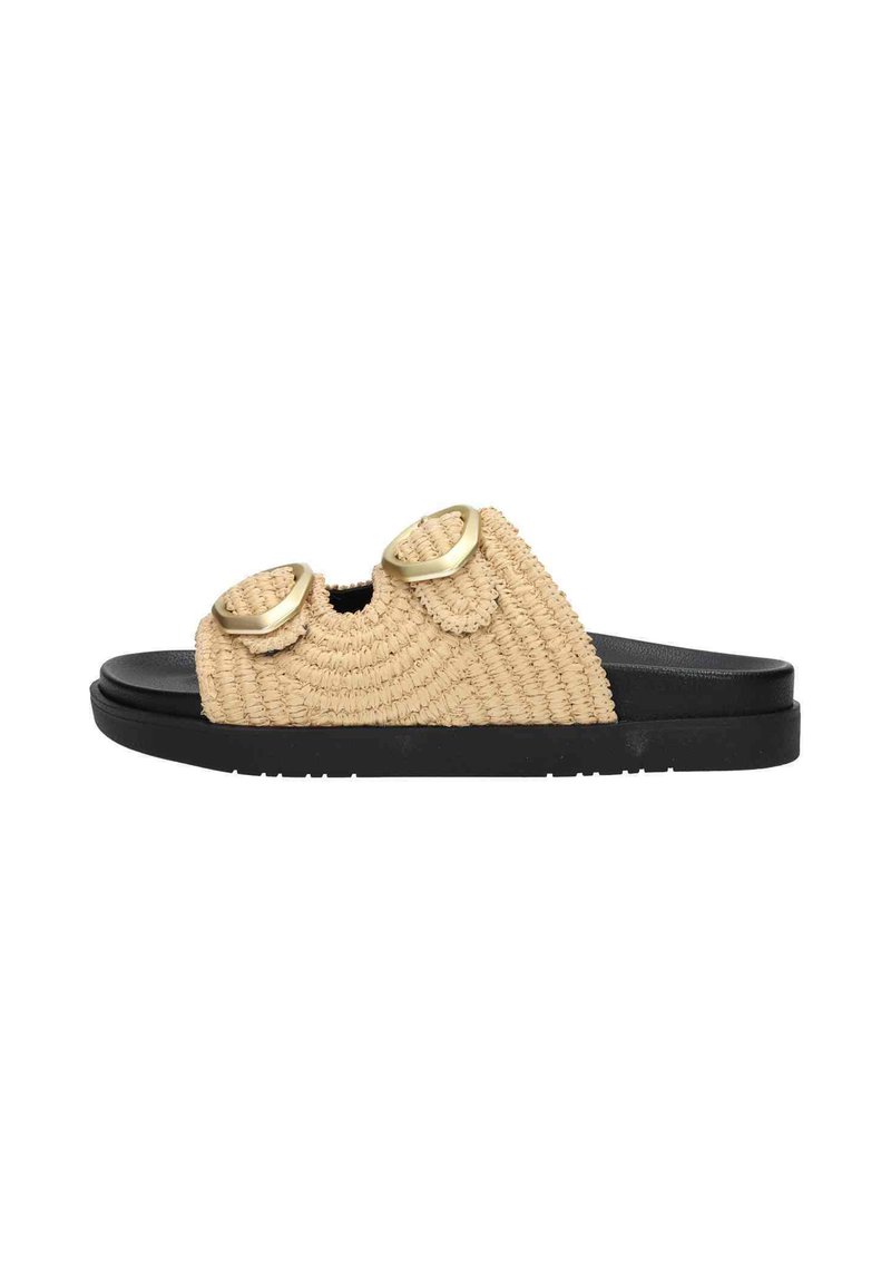 Woven straw slide sandals in beige with two circular gold accents, featuring a black rubber sole and open-toe design.