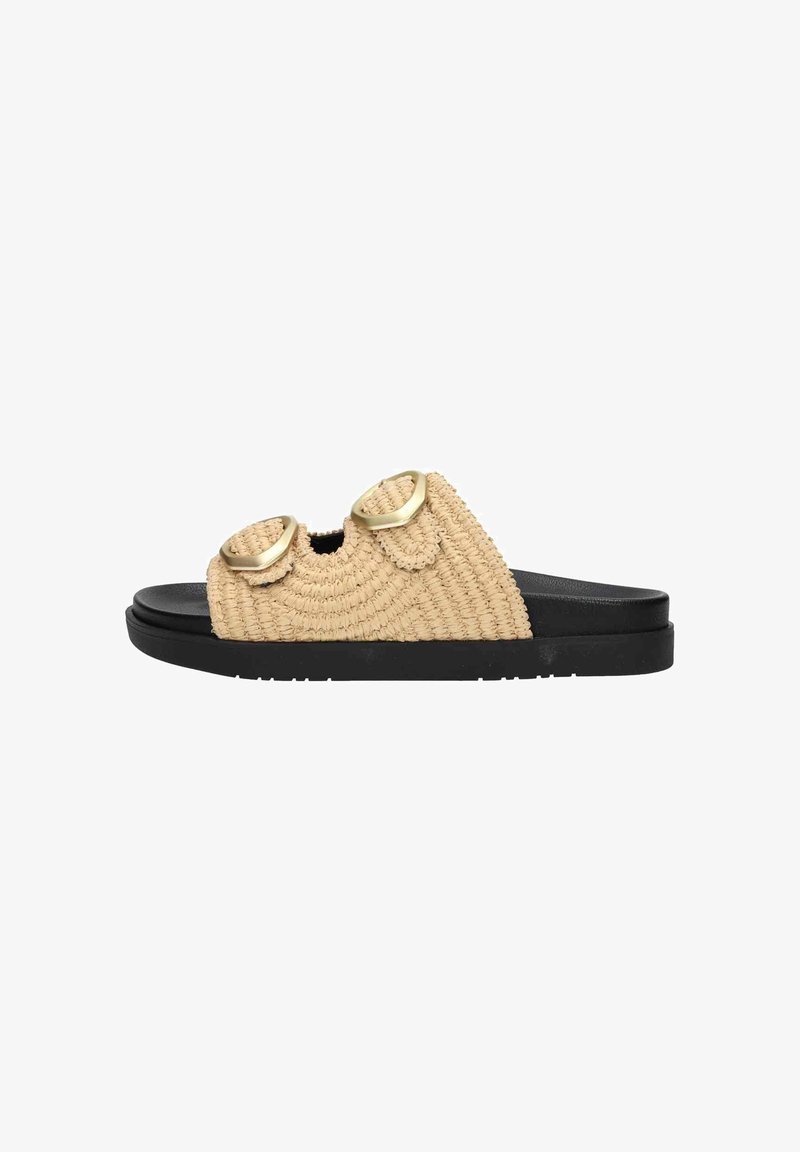 Woven straw slide sandals in beige with two circular gold accents, featuring a black rubber sole and open-toe design.