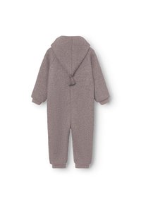 Brauner flauschiger Overall mit einer Kapuze, der über Details mit Knotenfransen, elastischen Bündchen und einem strukturierten Stoff für Wärme und Komfort verfügt.