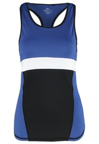 Débardeur de sport sans manches bleu, noir et blanc à dos nageur avec des blocs de couleurs contrastées et un petit logo de la marque à l'intérieur de l'encolure.