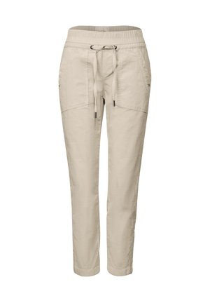 Pantaloni beige leggeri con cintura elastica e cordino regolabile. Presentano tasche laterali e una vestibilità a gamba affusolata.