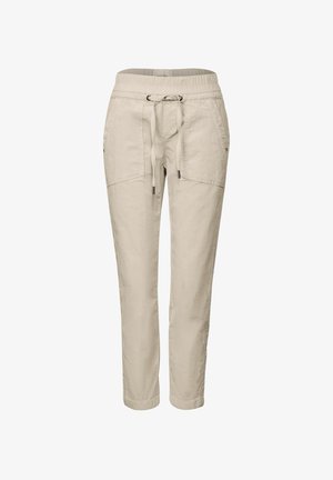 Pantalones ligeros en color beige con cintura elástica y cordón ajustable. Cuenta con bolsillos laterales y diseño de pierna tapered.