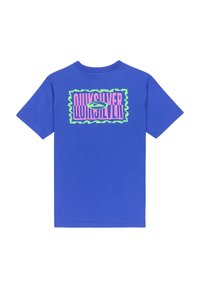 Modrá bavlněná tričko s velkým potiskem a výrazným textem v růžové a zelené barvě. Krátké rukávy a kulatý výstřih.