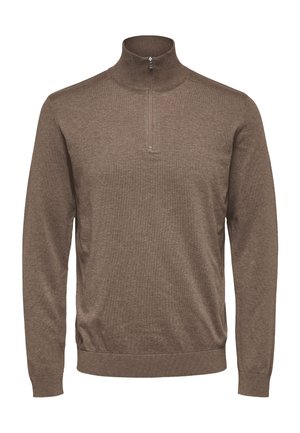 Brown, long-sleeve pullover with a high collar and half-zipper. Soft, textured fabric with a fitted hem and cuffs. Simple design.