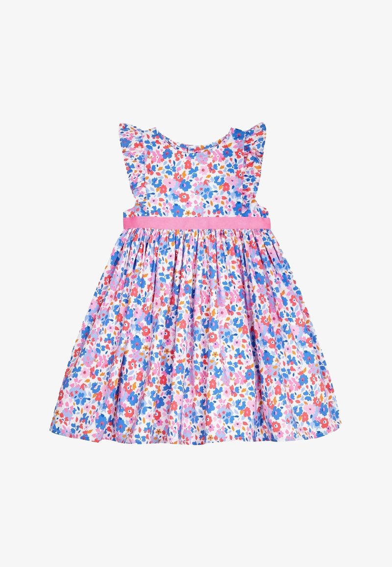 Robe sans manches pour tout-petit avec une ceinture rose, des épaules à volants et un motif floral multicolore dans des tons bleus, roses, rouges et blancs.