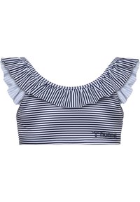 Gestreepte bikini top in marineblauw en wit, met ruches aan de mouwen en een gladde textuur. Logo van het merk aan de zijkant geplaatst.