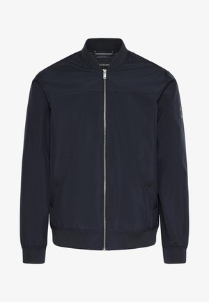 Tumedate bomber-jakk, nailonist materjal, lukuga eesmine sulgemine, ribitud krae ja varrukad, küljetaskud, minimalistik disain, sile tekstuur.