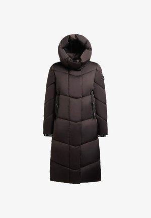 Tumšbrūns pūkains mētelis ar lielu, pildītu kapuci, ar rāvējslēdzēju kabatām un ģeometrisku quiltēšanas dizainu sildīšanai.