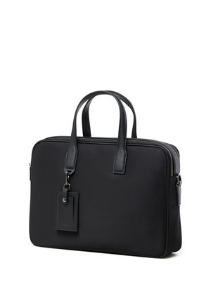 Black rectangular briefcase with two handles, a zipper closure, and a small attached ID holder on a white background.