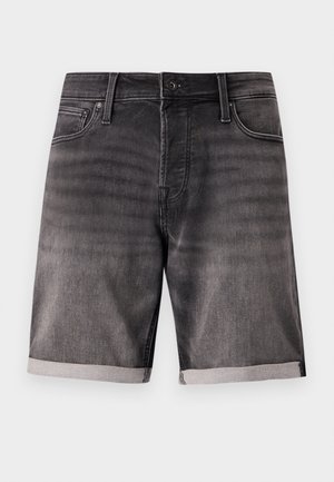Dunkelgraue Denim-Shorts mit einem verwaschenen Finish, ausgestattet mit umgeschlagenem Saum, Fronttaschen und einem Metallknopfverschluss.
