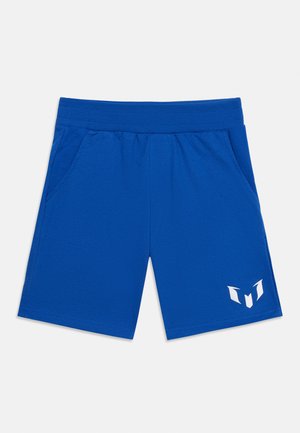 Blå atletiske shorts med elastisk midjebånd, sidelommer og en hvit stilisert logo på nedre venstre ben.