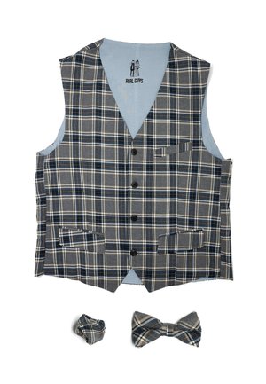Plaid vest in gray, blue, and white, featuring four black buttons and two pockets. Includes matching plaid bow tie and pocket square.