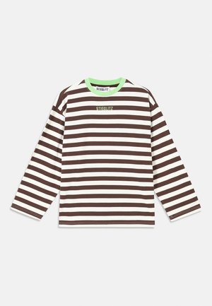 Camicia a maniche lunghe a strisce marroni e bianche con colletto verde e logo "STIEGLITZ" in ricamo verde sul petto.