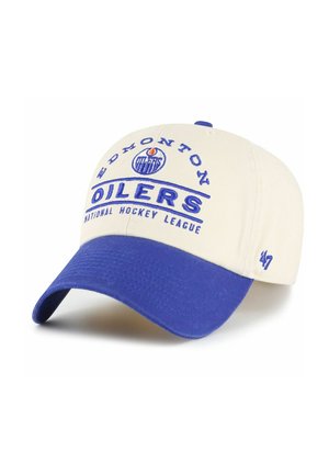 Cream-colored cap with a blue visor. Features "EDMONTON OILERS" in bold blue lettering and "NATIONAL HOCKEY LEAGUE" below. Includes logo.