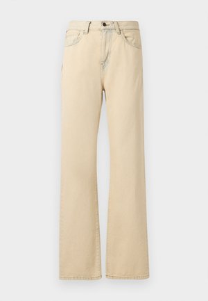 Beige weite Jeans aus Denim-Stoff, mit hoher Taille, vorderen Taschen, einem Knopfverschluss und kontrastierenden Nähten.