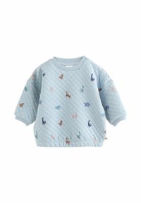 Lyseblå quiltet sweatshirt med korte, let puffede ærmer. Pyntet med forskellige farvede dinosaurmønstre over det hele.
