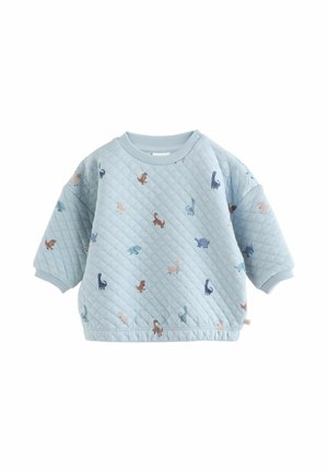Vaaleansininen tikattu collegepaita, jossa on lyhyet, hieman puffatut hihat. Koristeltu eri värisillä dinosauruskuvioilla.