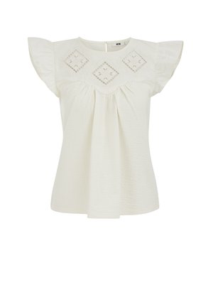 Blusa bianca a maniche corte con maniche arricciate, dettagli in pizzo a occhiello a forma di diamante sul petto e pieghe raccolte davanti.