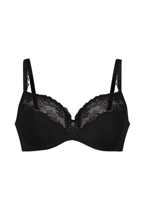 Black lace bra featuring polka dot patterns, contoured cups, adjustable straps, and a decorative center detail. Soft lace overlay at the top.