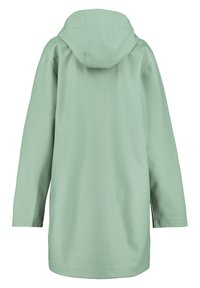 Light green hooded jacket made of smooth, lightweight fabric. Features long sleeves and a straight cut, with minimal seams and detailing.