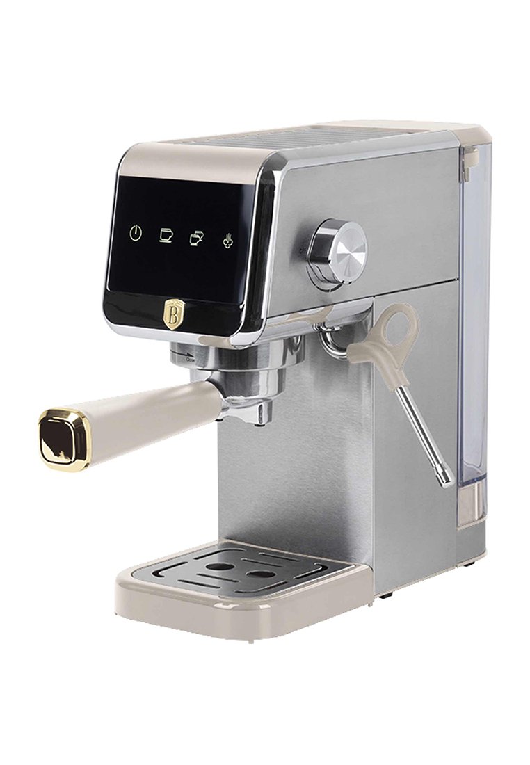 Macchina per espresso in argento e beige con un design elegante, display digitale e manopola metallica. Dotata di serbatoio dell'acqua rimovibile e portafiltro.
