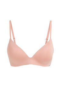Lichtroze, gladde stoffen bh met driehoekige cups, verstelbare banden en een naadloos ontwerp. Het heeft minimale hardware en geen patronen.