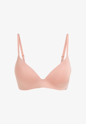 Soutien-gorge en tissu lisse rose clair avec des bonnets triangulaires, des bretelles ajustables et un design sans coutures. Il présente un matériel minimal et aucun motif.