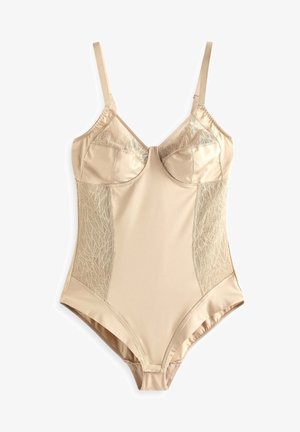 Bañador entero en tono nude con corsé estructurado, paneles laterales de encaje, tirantes ajustables y acabado de tela suave.
