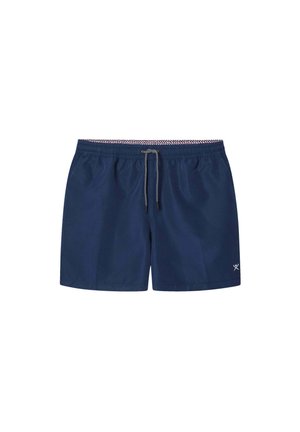 Marineblauwe zwembroek van lichtgewicht stof. Voorzien van een elastische tailleband met een koord en een klein geborduurd logo.