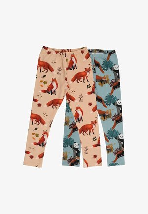 Zwei Leggings-Paare: eins in Beige mit roten Füchsen und Blättern, und eins in Blau mit Pandas und Waschbären zwischen Bäumen. Weicher Stoff, elastischer Bund.