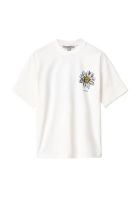 Wit katoenen T-shirt met korte mouwen, voorzien van een zwart-gele madeliefjesprint op de linkerborst, met een zachte textuur en een comfortabele pasvorm.