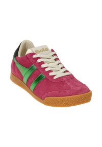 Gola sneaker with pink suede upper, green shiny stripes, cream laces, and a textured gum sole. Black heel accent. Gold branding on the tongue.