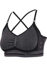 Brassière de sport gris foncé avec bordure noire, bretelles croisées dans le dos, fronces discrètes au centre et logo "hummel" sur la bande inférieure.