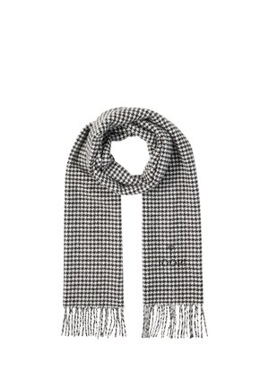 Black and white houndstooth patterned scarf with fringed ends, folded in a loop with logo embroidered near one end.