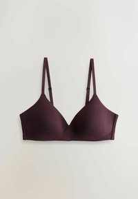 Soutien-gorge mauve sans couture avec des bonnets en triangle et des bretelles réglables. Tissu doux, sans fermetures visibles, texture lisse, design simple.