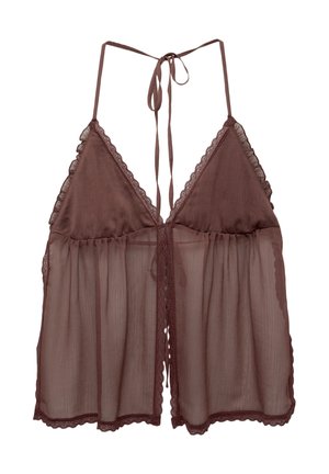 Bruine transparante lingerie met een losse pasvorm, driehoekige cups en verstelbare strikbandjes. Heeft een delicate kantafwerking langs de randen en zoom.