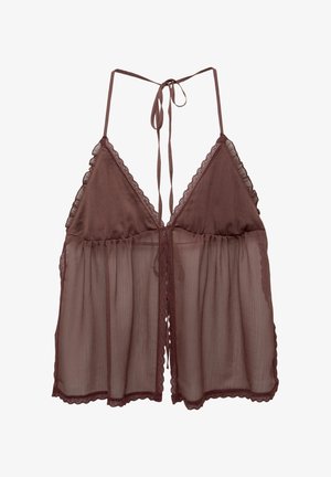 Lingerie trasparente marrone con vestibilità ampia, coppe a triangolo e spalline regolabili con lacci. Presenta un delicato bordo in pizzo lungo i bordi e l'orlo.