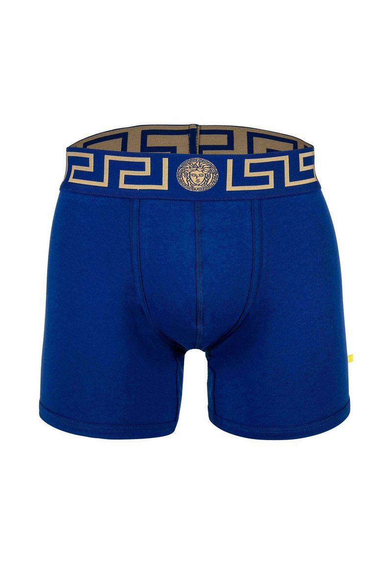 Blue boxer briefs made of cotton with a gold patterned elastic waistband. Features a lion emblem and a contrast stitching detail.