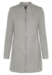 Harmaa vetoketjullinen takki, joka on valmistettu teksturoidusta kankaasta. Takissa on pystykaulus, pitkät hihat, sivutaskut ja A-linjainen leikkaus.